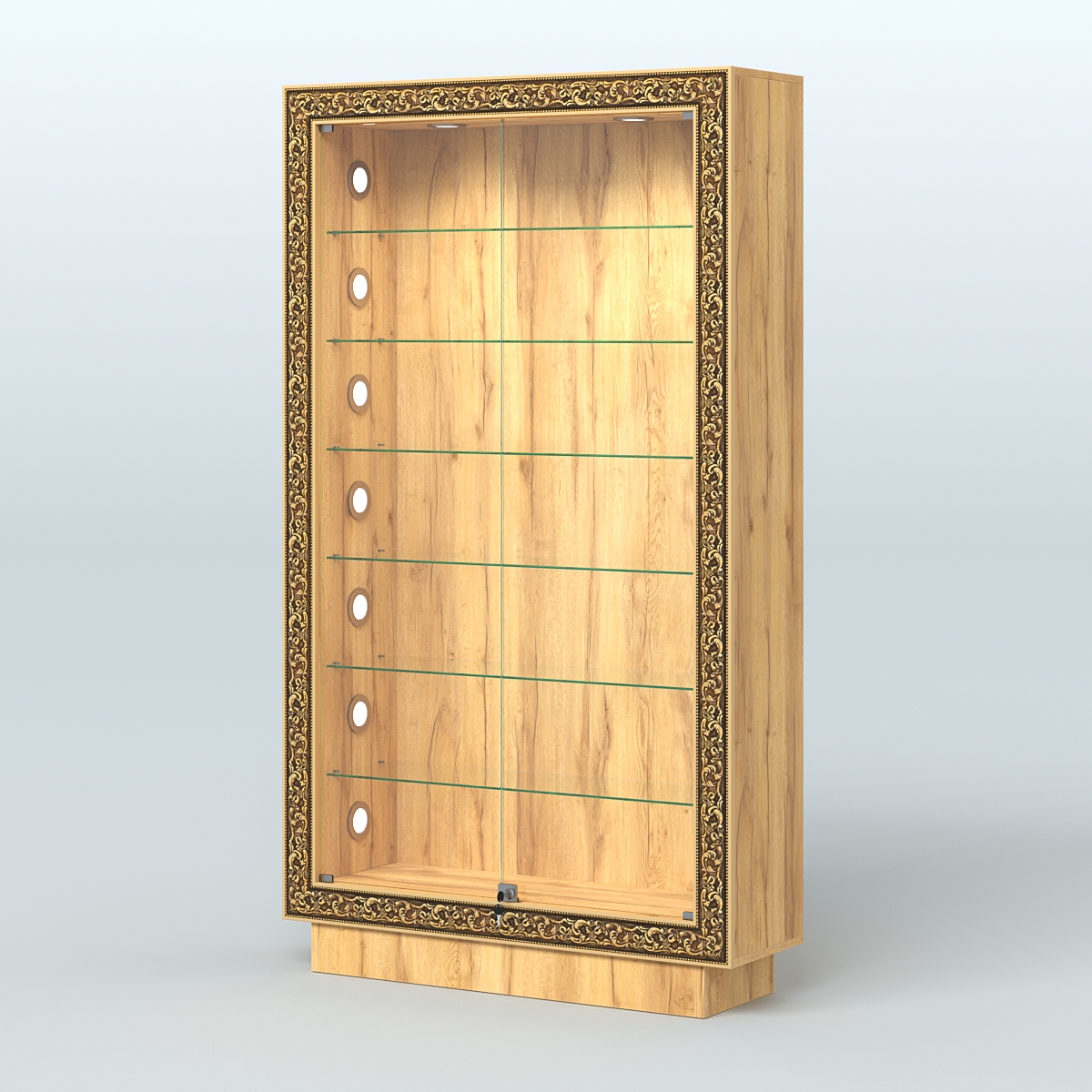 Низкая витрина с декором и шестью прозрачными полками НБА-9С Дуб Золотистый