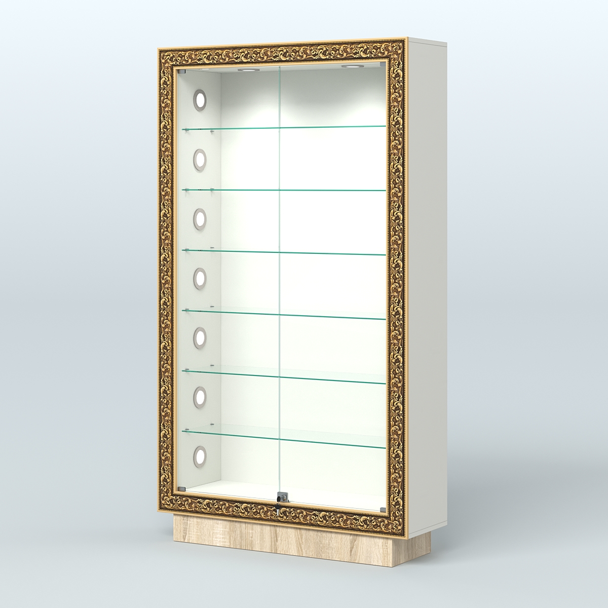 Низкая витрина с декором и шестью прозрачными полками НБА-9С Белый + Дуб Сонома