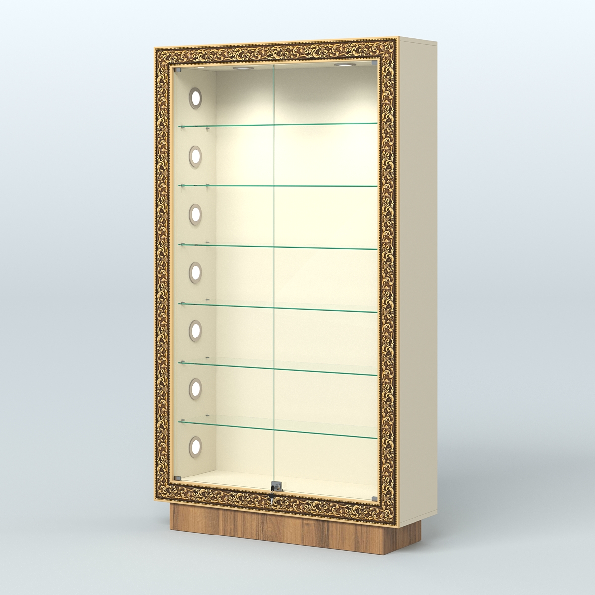 Низкая витрина с декором и шестью прозрачными полками НБА-9С Крем Вайс + Орех