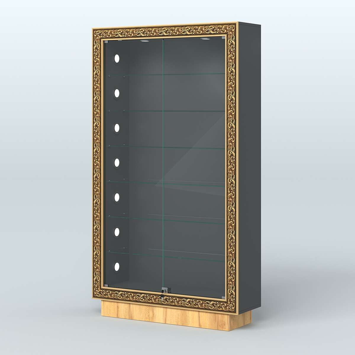 Низкая витрина с декором и шестью прозрачными полками НБА-9С Черный и Дуб Золотистый 10-U1148