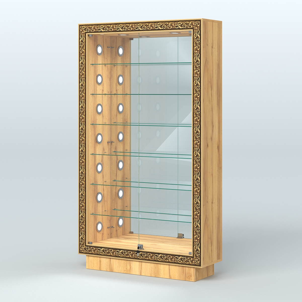 Низкая витрина с декором и шестью стеклянными полками НБА-11С Дуб Золотистый