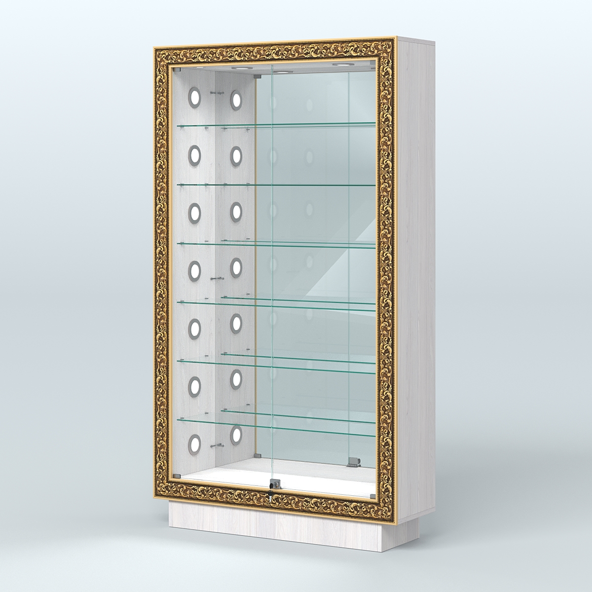 Низкая витрина с декором и шестью стеклянными полками НБА-11С Ясень Анкор светлый