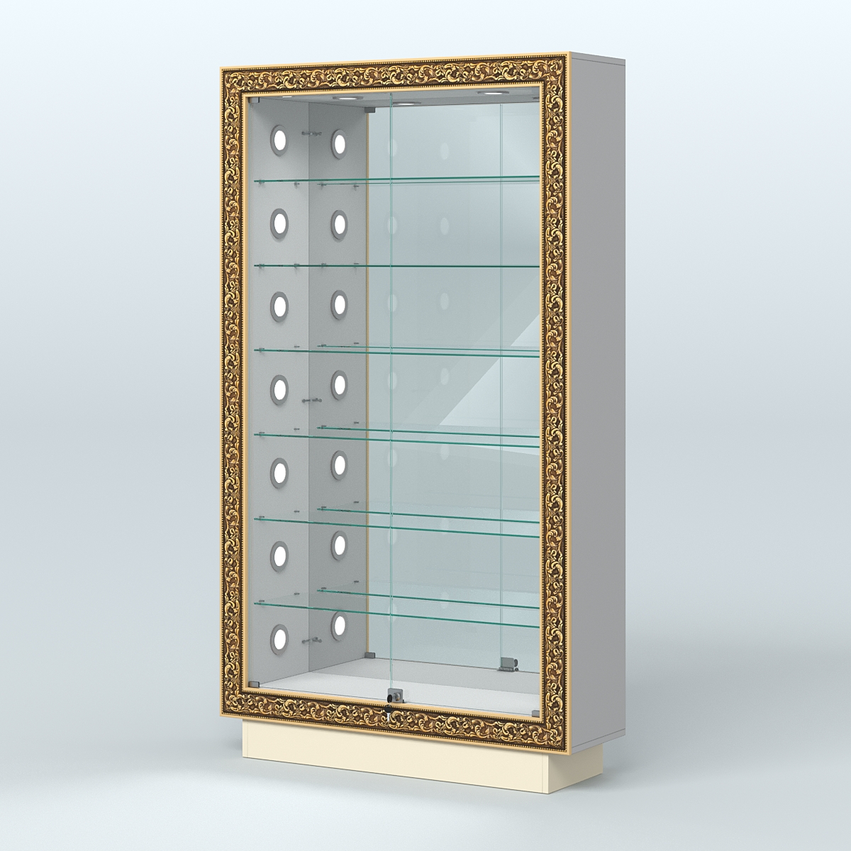 Низкая витрина с декором и шестью стеклянными полками НБА-11С Серый + Крем Вайс