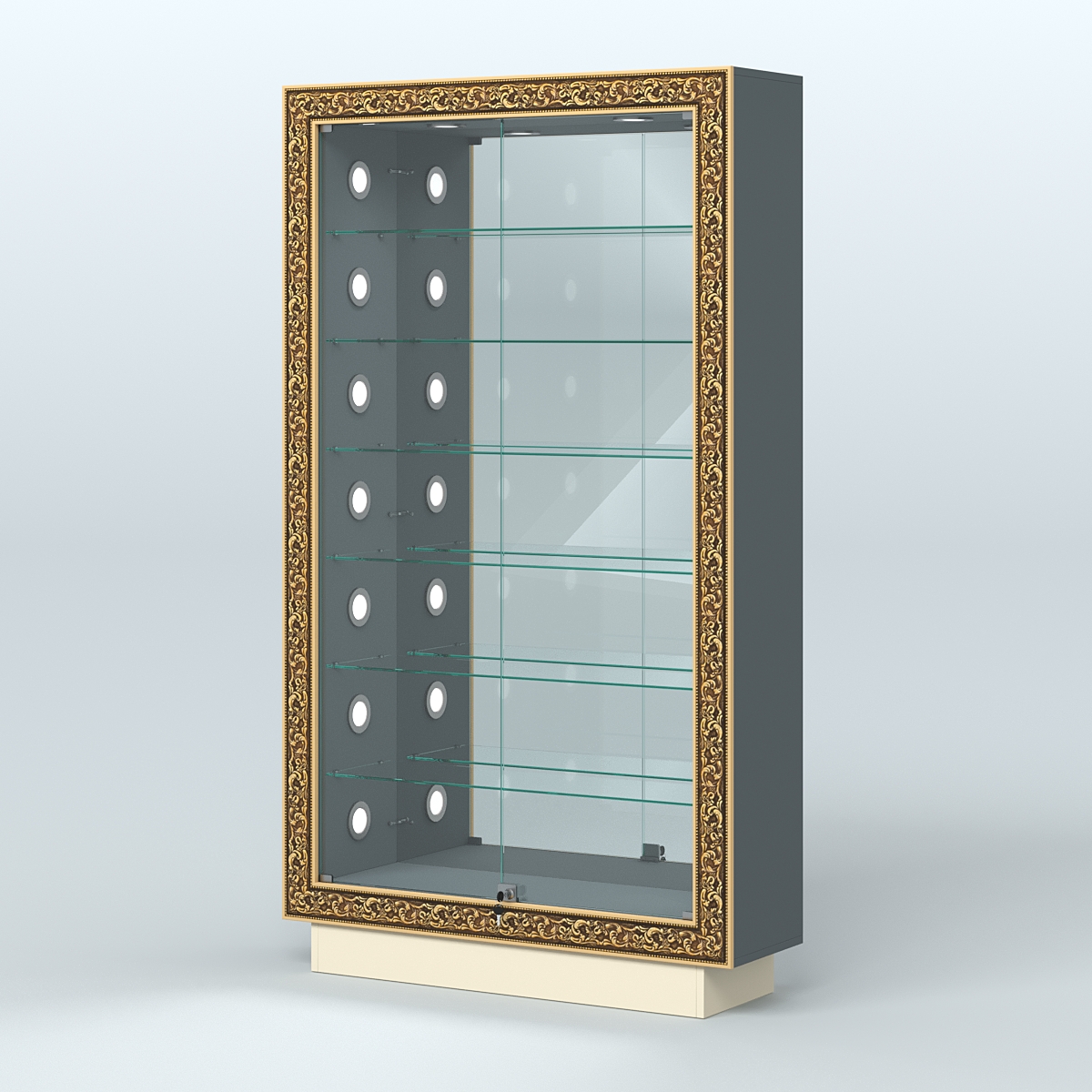 Низкая витрина с декором и шестью стеклянными полками НБА-11С Темно-серый и Крем Вайс U2601-U2236