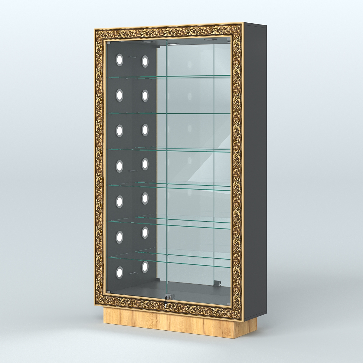 Низкая витрина с декором и шестью стеклянными полками НБА-11С Черный и Дуб Золотистый 10-U1148