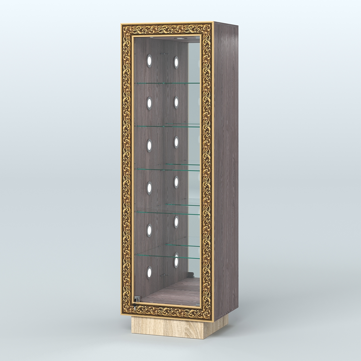 Низкая пристенная витрина с декором НБА-503С Ясень Анкор темный и Дуб Сонома