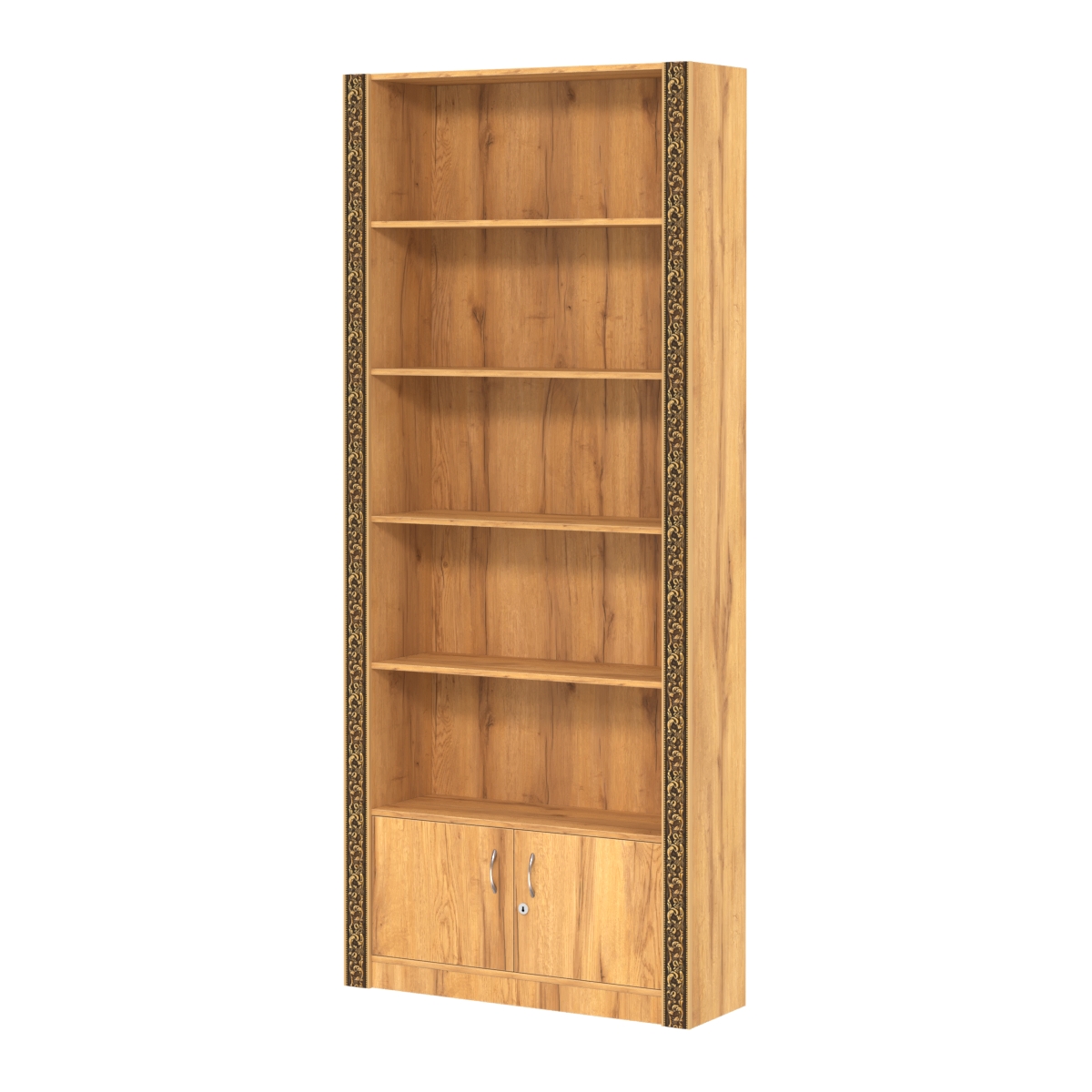 Торговый стеллаж с закрытым накопителем и декором №СБА-1ВД-300 Дуб Золотистый