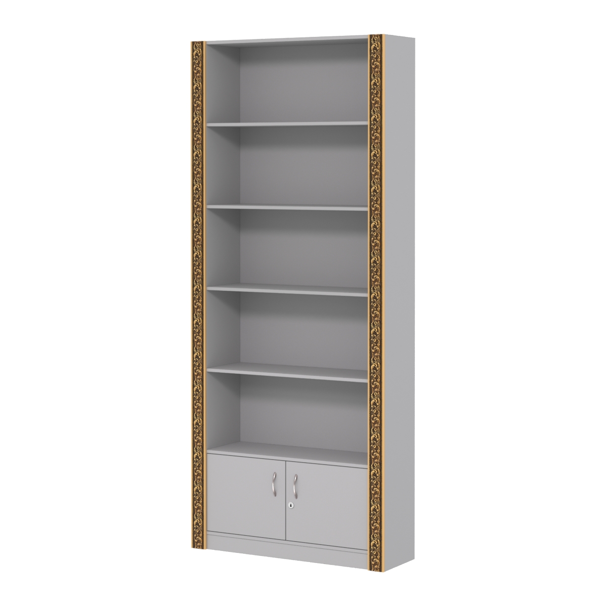 Торговый стеллаж с закрытым накопителем и декором №СБА-1ВД-300 Серый