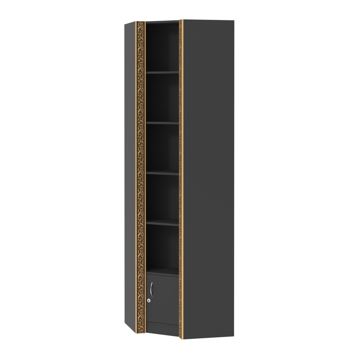 Выставочный угловой стеллаж с накопителем и декором №СБА-5ВД-400 Черный