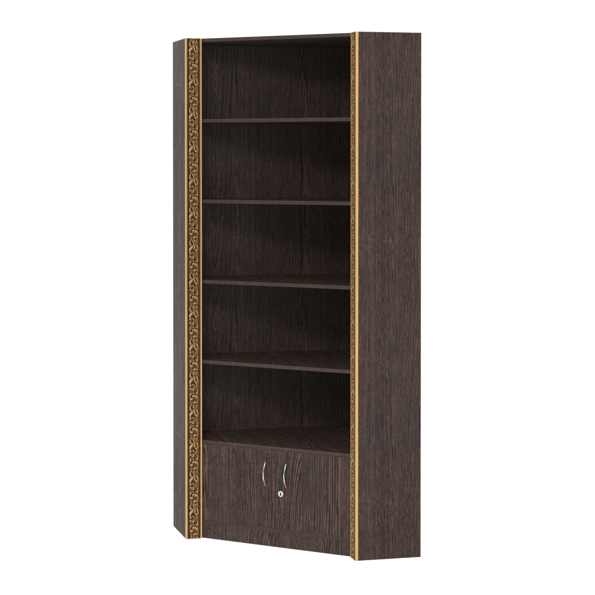 Торговый угловой стеллаж с закрытым накопителем и декором №СБА-5-2ВД-300 Дуб Венге