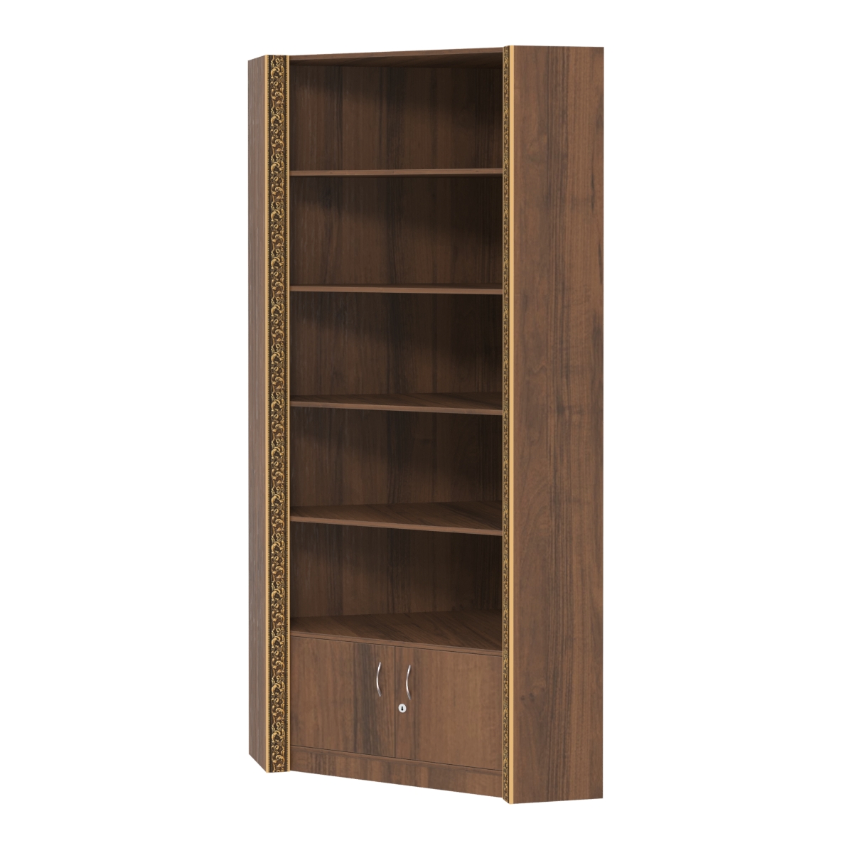 Торговый угловой стеллаж с закрытым накопителем и декором №СБА-5-2ВД-300 Орех