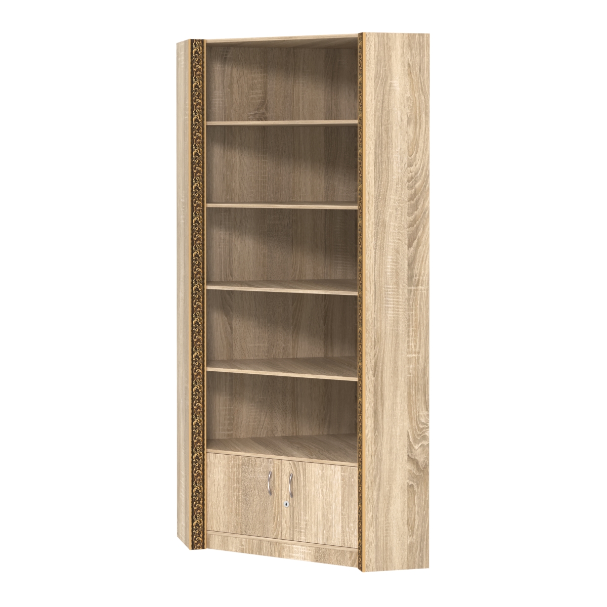Торговый угловой стеллаж с закрытым накопителем и декором №СБА-5-2ВД-300 Дуб сонома