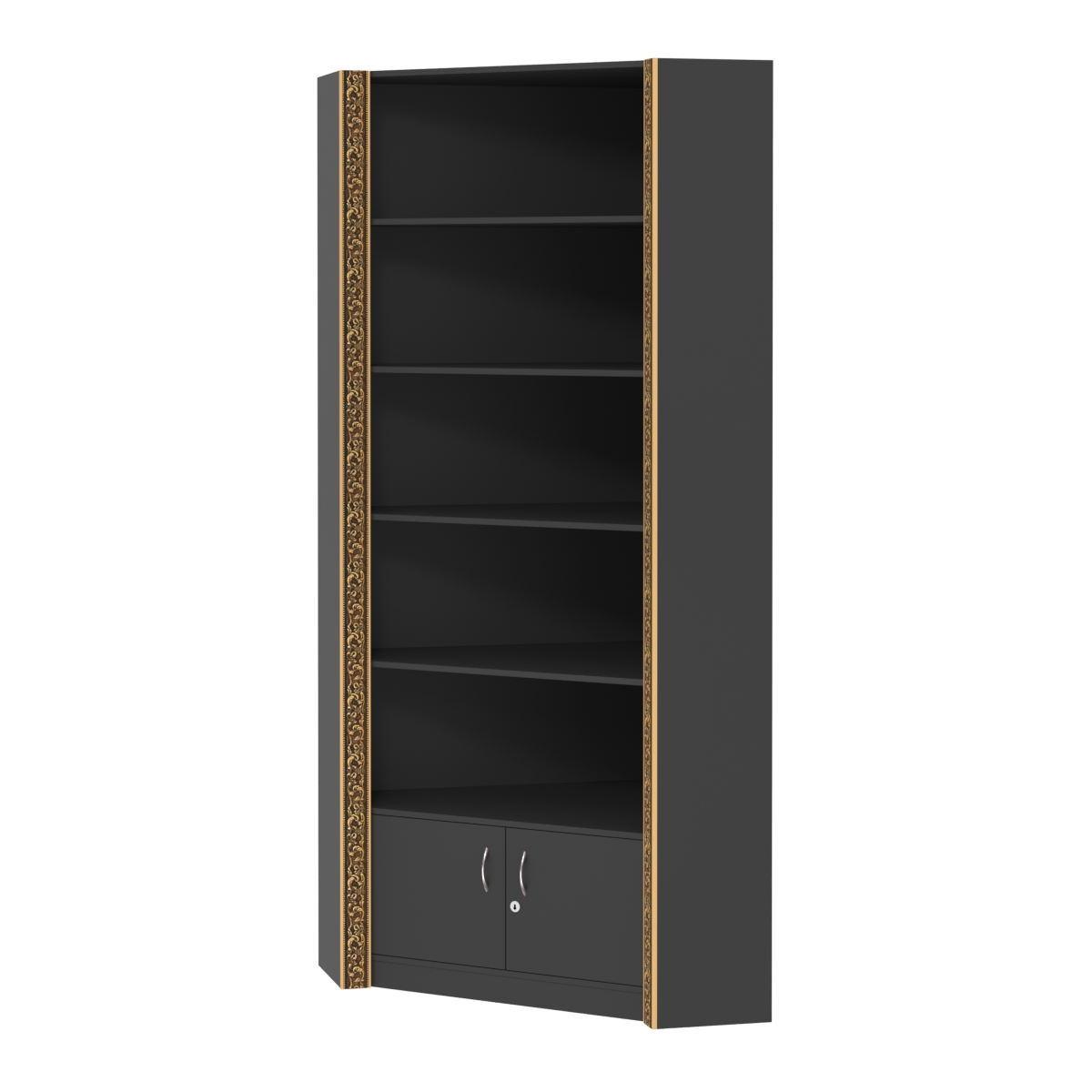 Торговый угловой стеллаж с закрытым накопителем и декором №СБА-5-2ВД-300 Черный