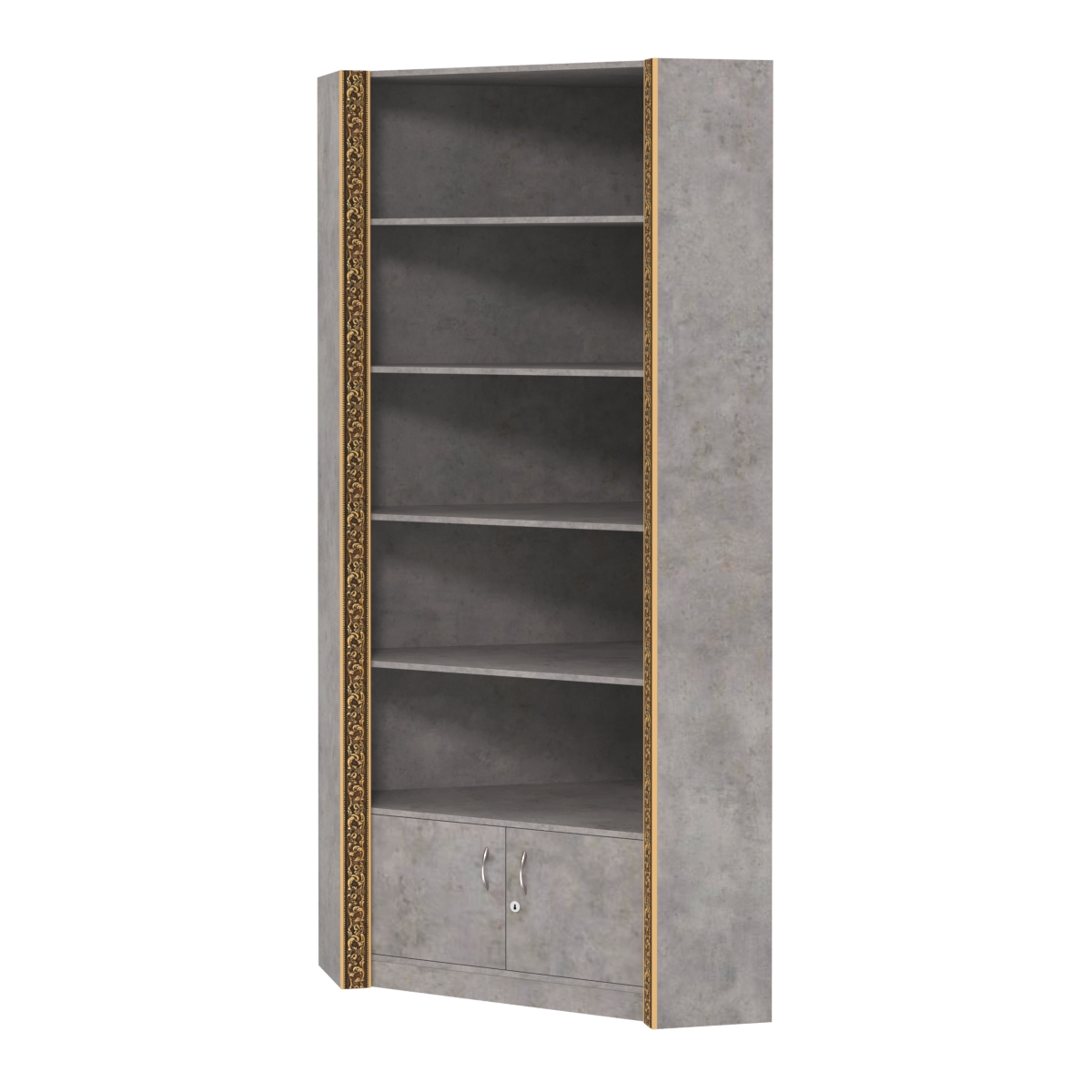 Торговый угловой стеллаж с закрытым накопителем и декором №СБА-5-2ВД-300 Бетон Чикаго светло-серый F186 ST9