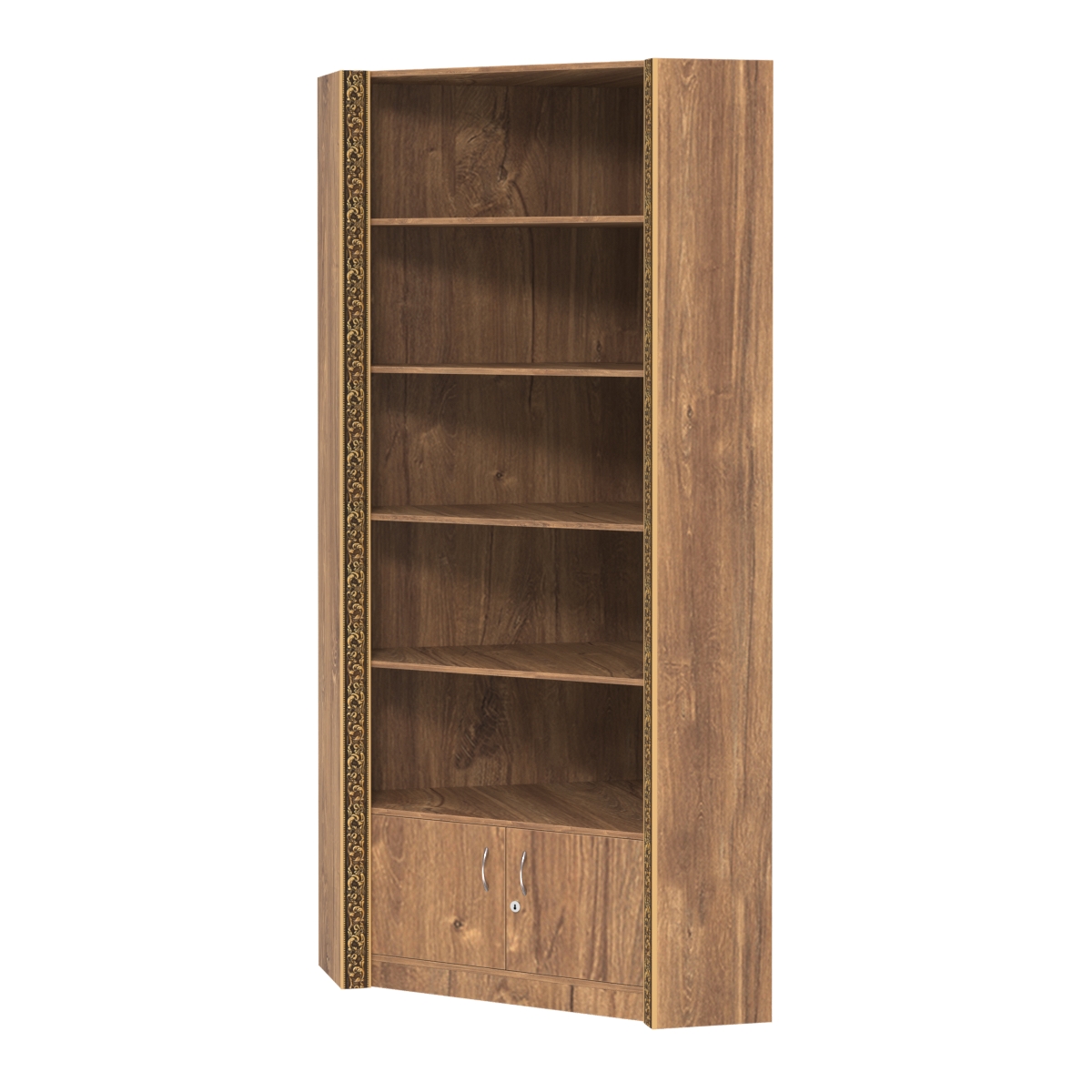 Торговый угловой стеллаж с закрытым накопителем и декором №СБА-5-2ВД-300 Дуб Канзас коричневый