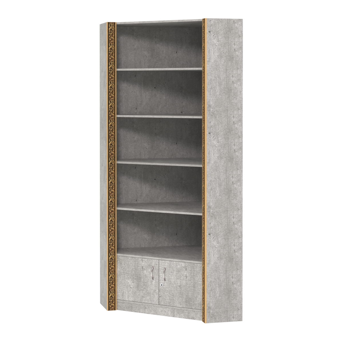 Торговый угловой стеллаж с закрытым накопителем и декором №СБА-5-2ВД-300 Метрополитан Грей