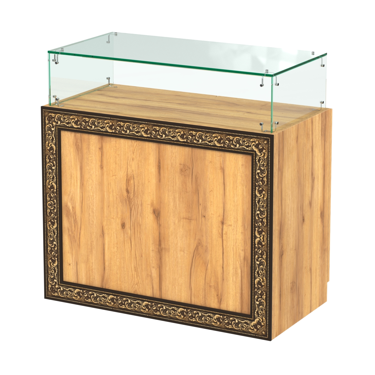 Стеклянный прямоугольный прилавок с декором №СПБА-14 Дуб Золотистый