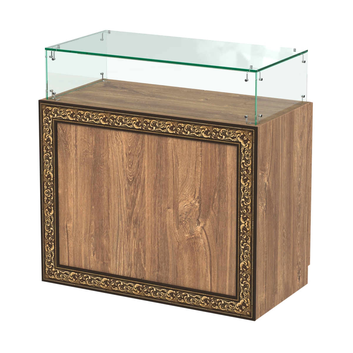 Стеклянный прямоугольный прилавок с декором №СПБА-14 Дуб Канзас коричневый