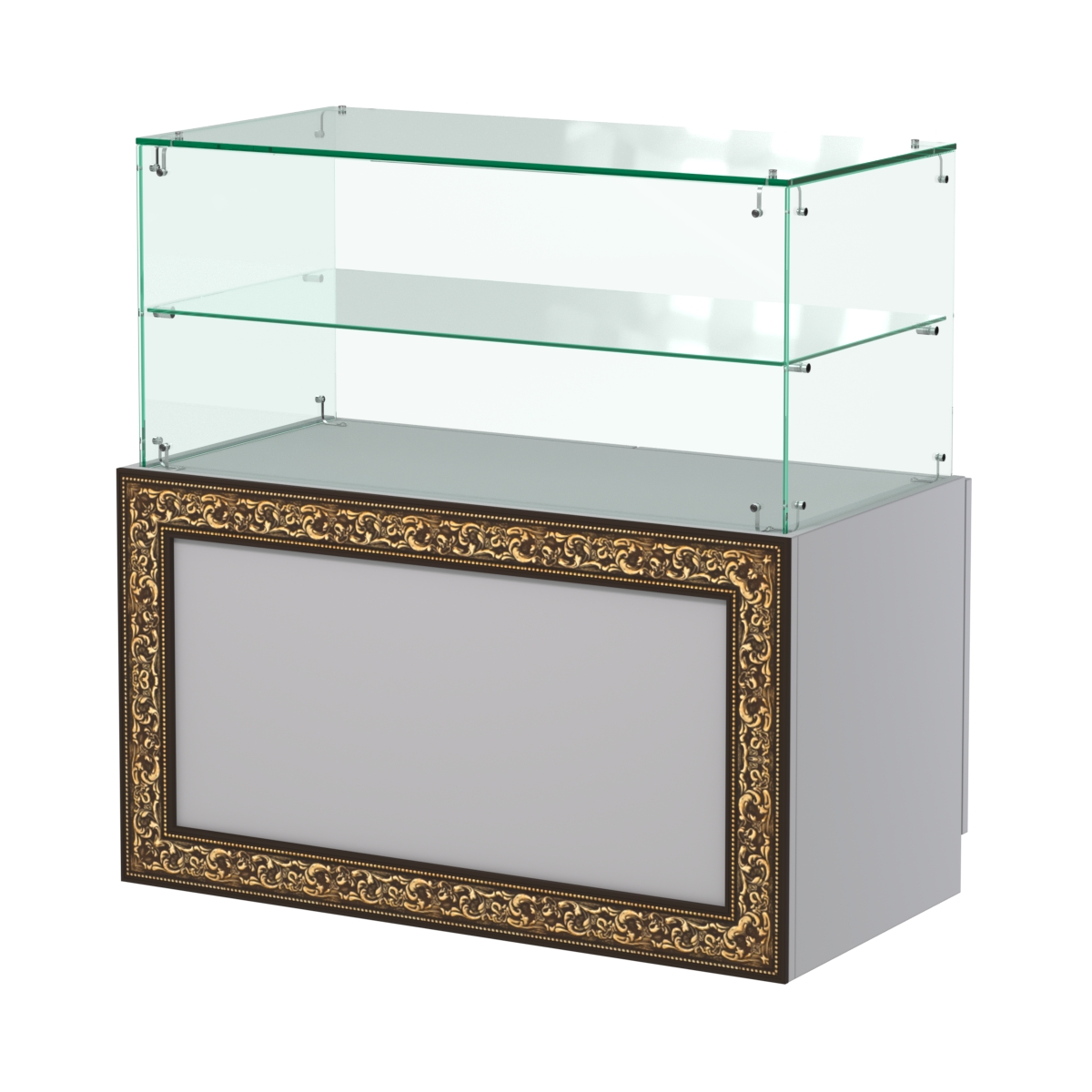 Стеклянный прилавок с декором и накопителем №СПБА-01 Серый