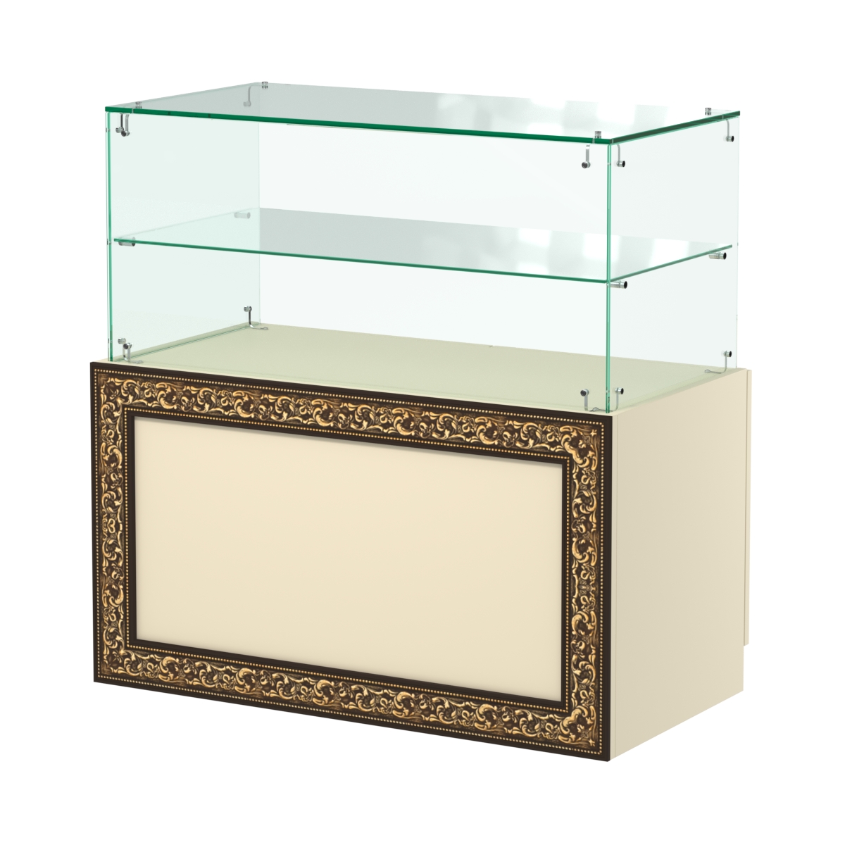 Стеклянный прилавок с декором и накопителем №СПБА-01 Крем Вайс