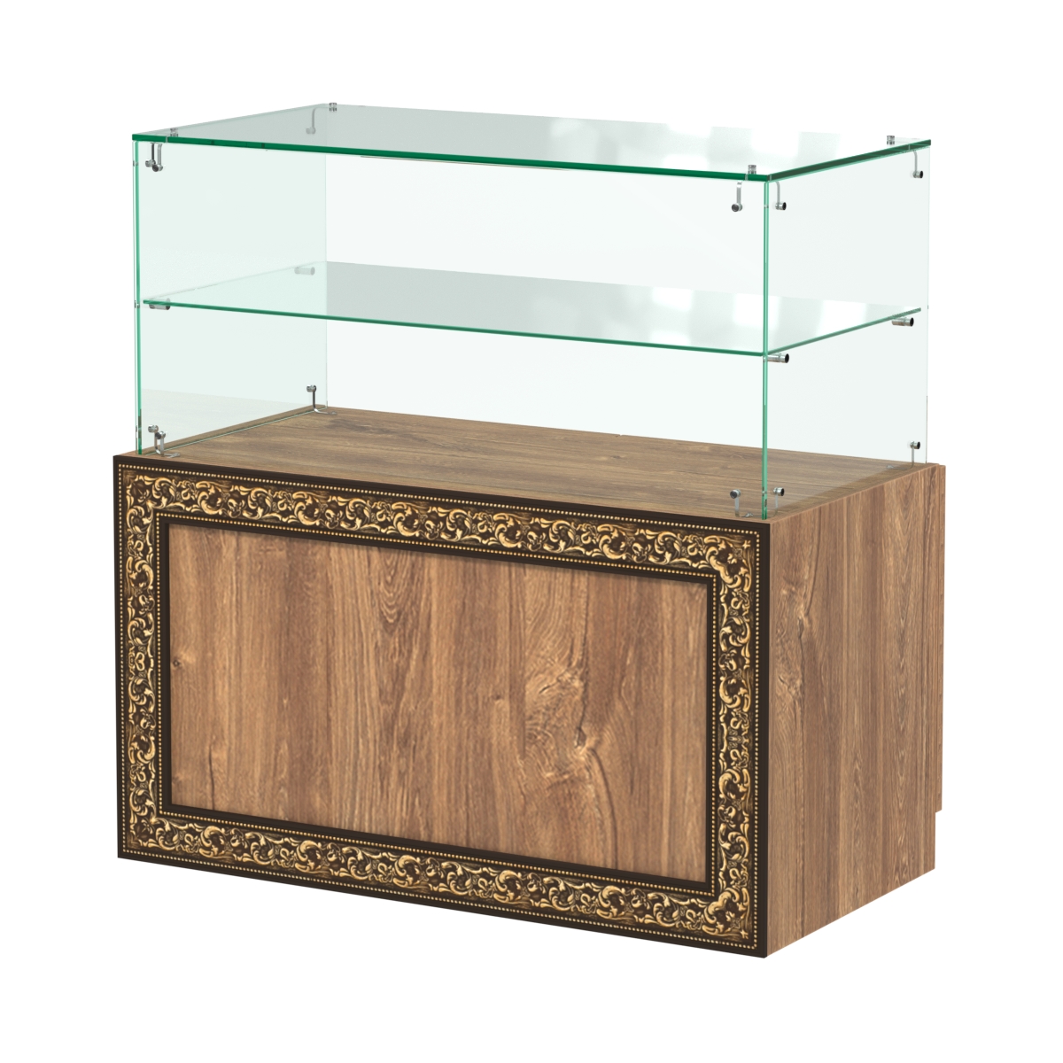 Стеклянный прилавок с декором и накопителем №СПБА-01 Дуб Канзас коричневый