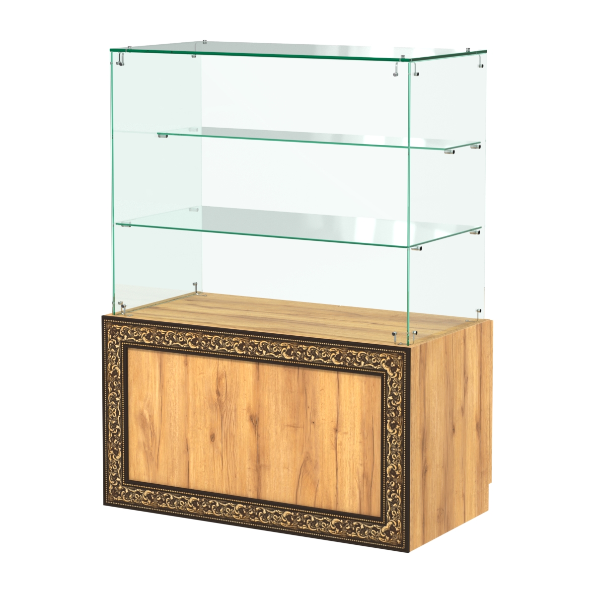 Стеклянный прилавок с декором и двумя прозрачными полками №СПБА-07 Дуб Золотистый