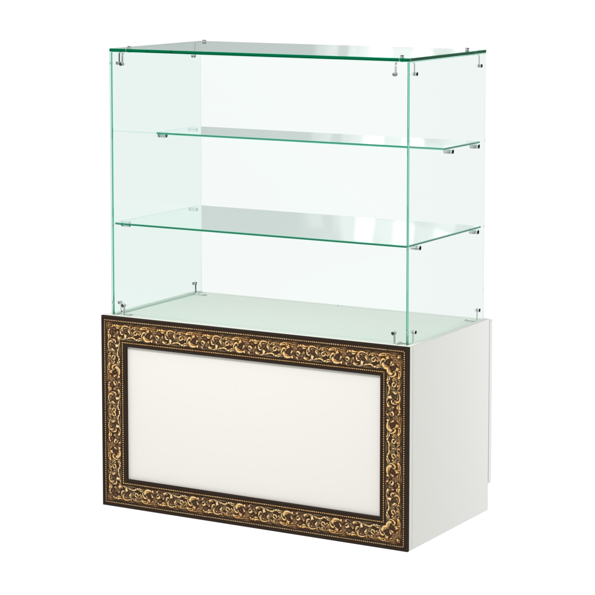 Стеклянный прилавок с декором и двумя прозрачными полками №СПБА-07 Белый