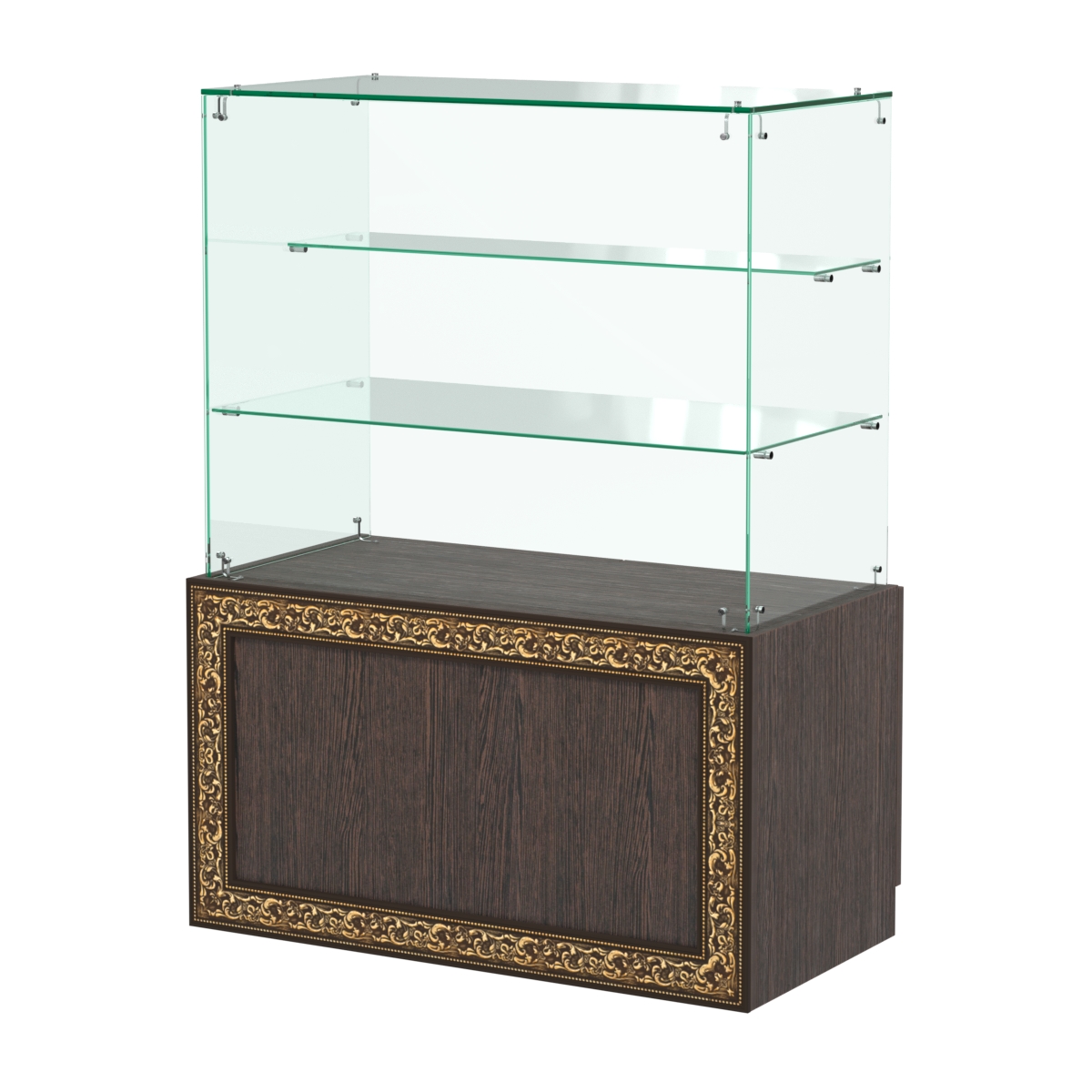 Стеклянный прилавок с декором и двумя прозрачными полками №СПБА-07 Дуб Венге
