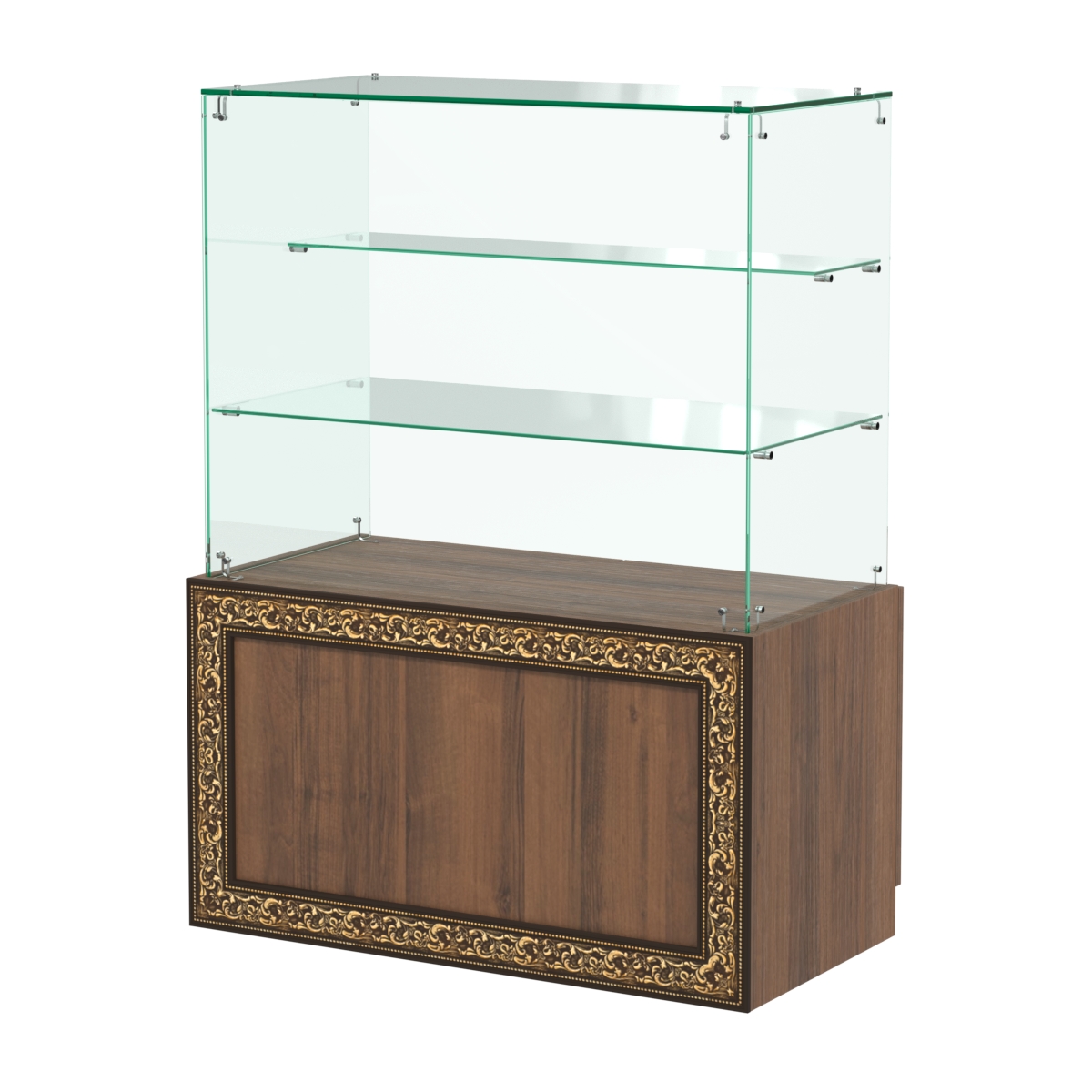 Стеклянный прилавок с декором и двумя прозрачными полками №СПБА-07 Орех