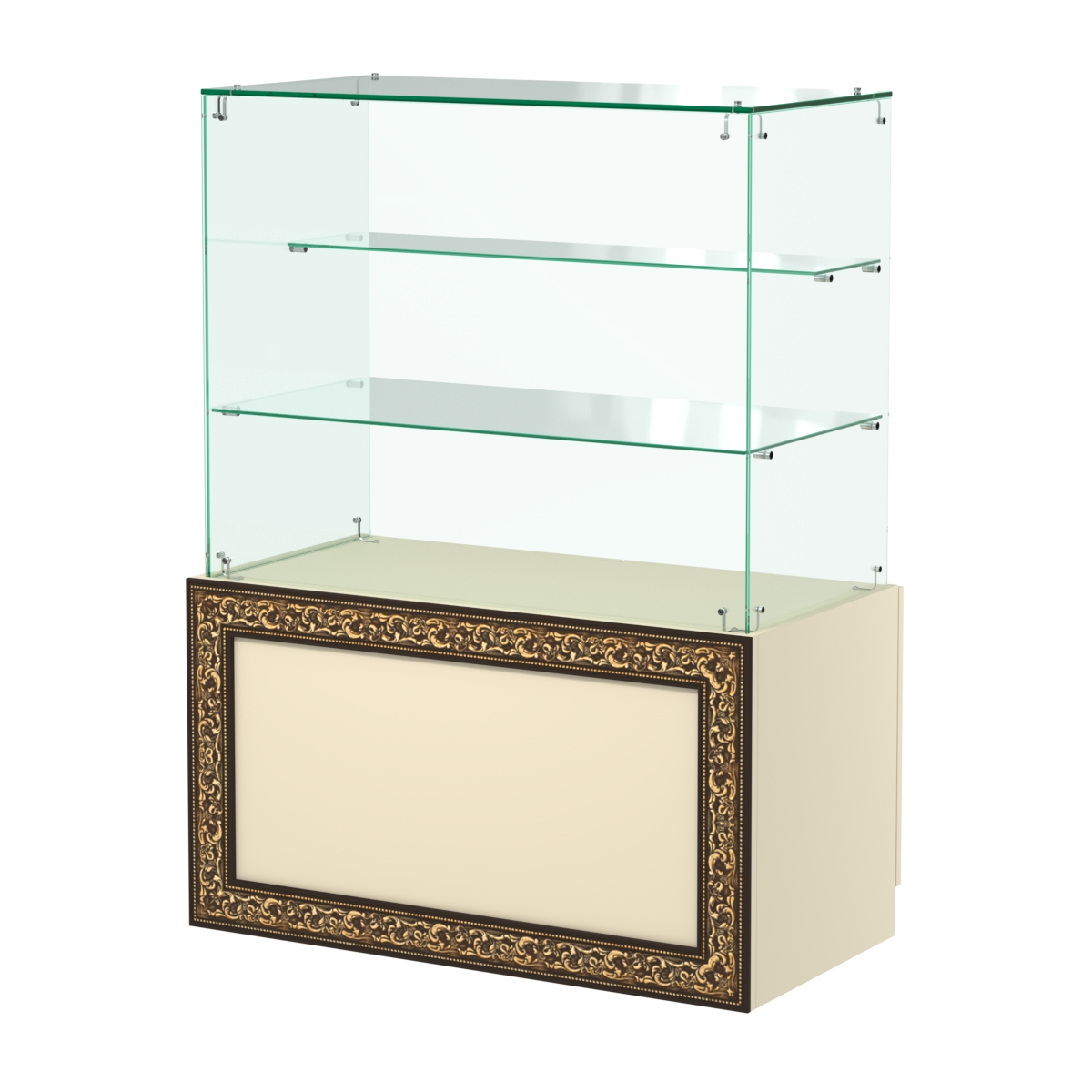Стеклянный прилавок с декором и двумя прозрачными полками №СПБА-07 Крем Вайс
