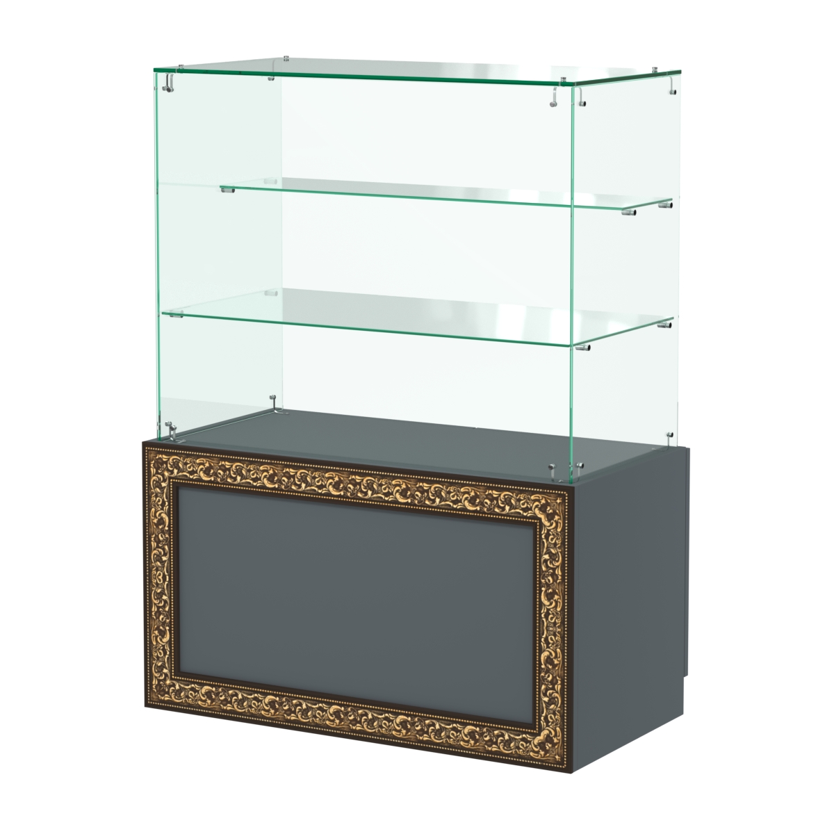 Стеклянный прилавок с декором и двумя прозрачными полками №СПБА-07 Темно-Серый