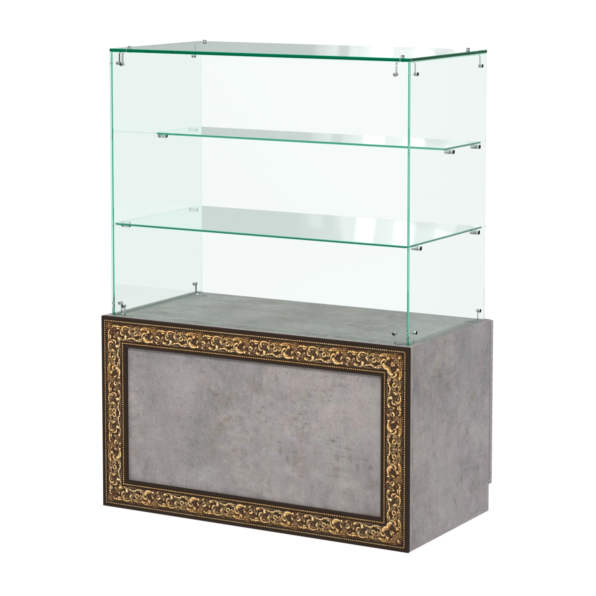 Стеклянный прилавок с декором и двумя прозрачными полками №СПБА-07 Бетон Чикаго светло-серый F186 ST9