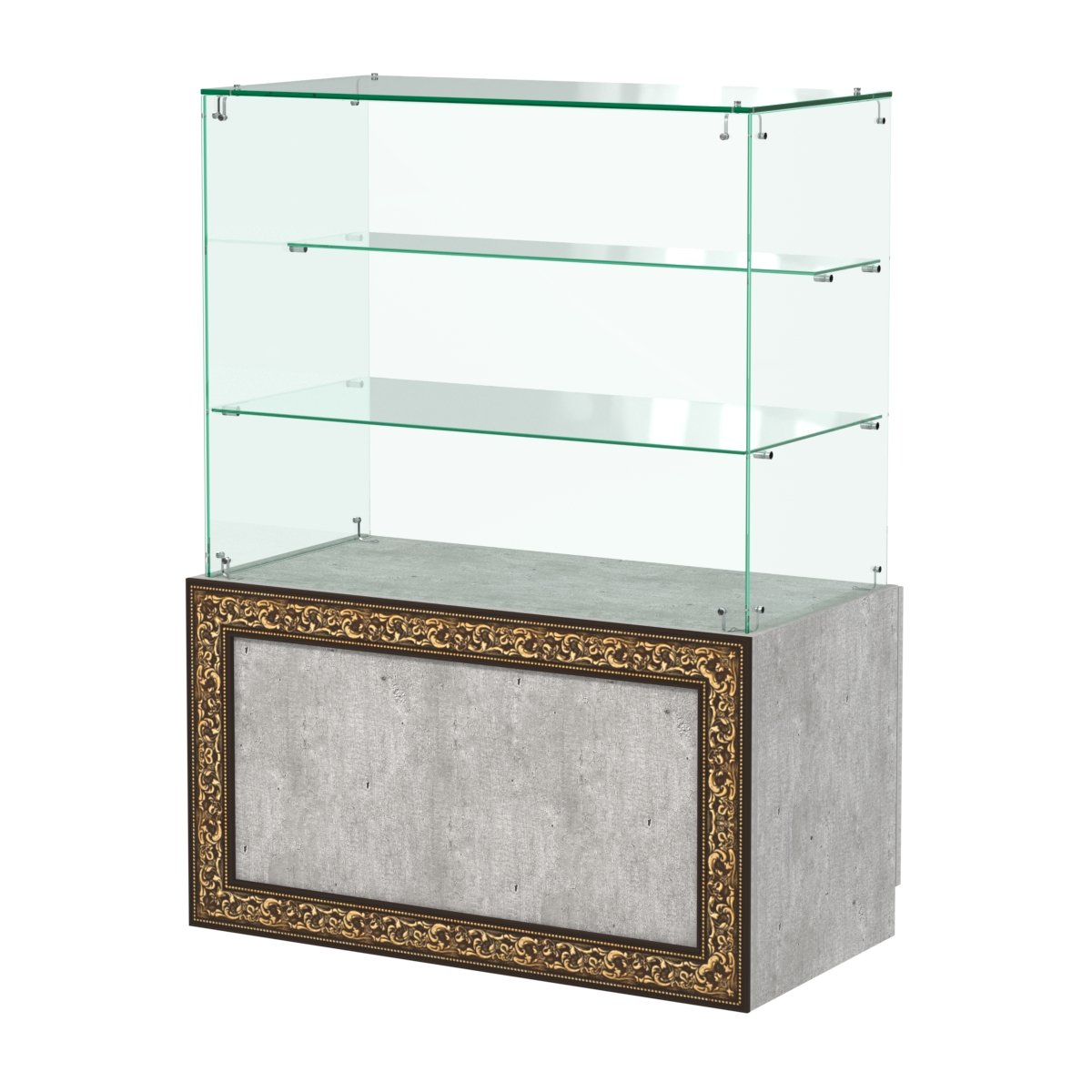 Стеклянный прилавок с декором и двумя прозрачными полками №СПБА-07 Метрополитан Грей