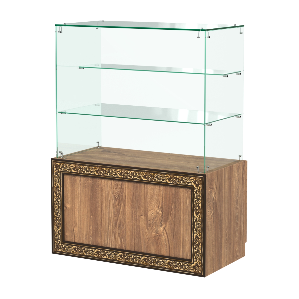Стеклянный прилавок с декором и двумя прозрачными полками №СПБА-07 Дуб Канзас коричневый
