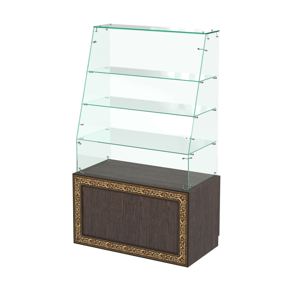Стеклянный прилавок с декором и наклонным фасадным стеклом №СПБА-15 Дуб Венге