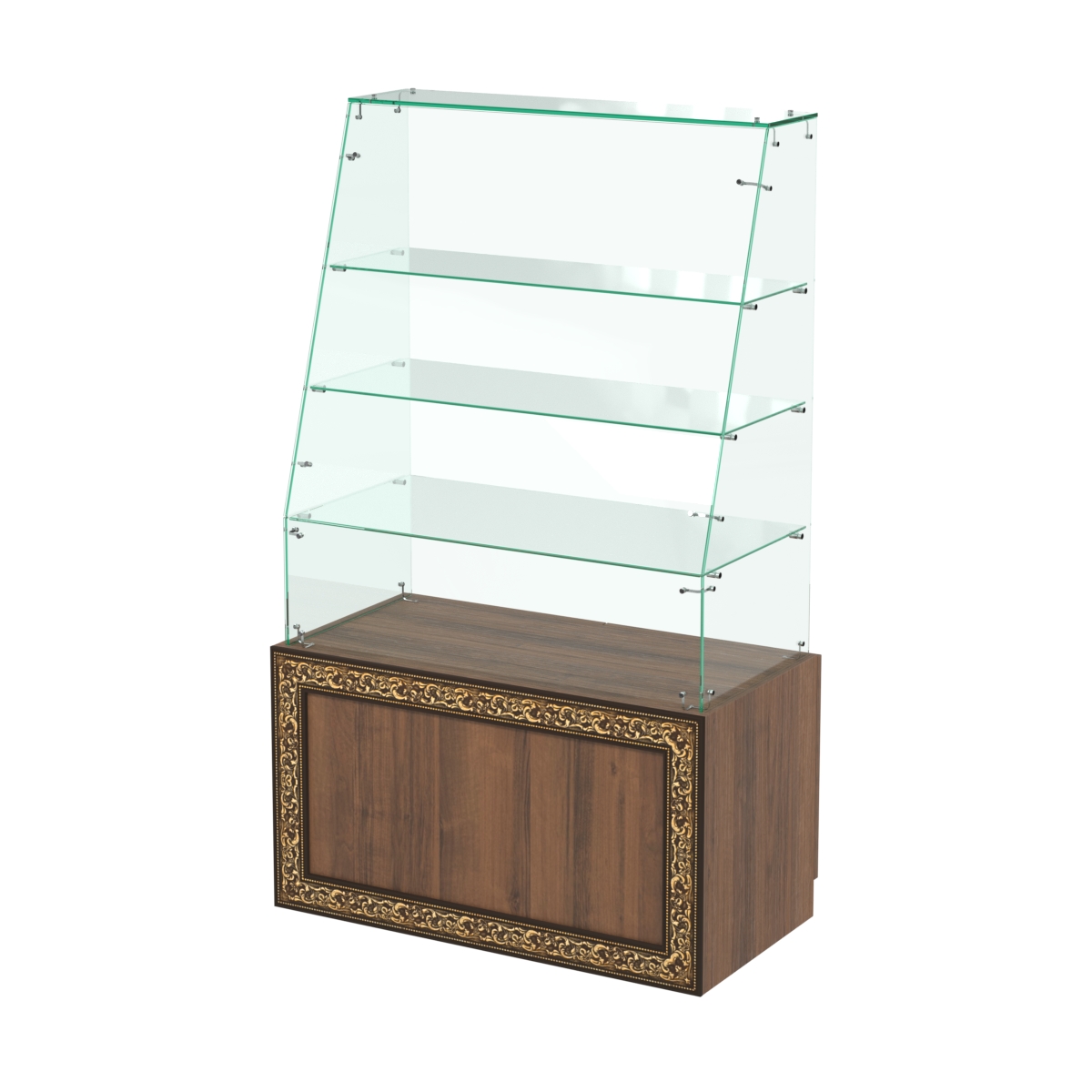 Стеклянный прилавок с декором и наклонным фасадным стеклом №СПБА-15 Орех