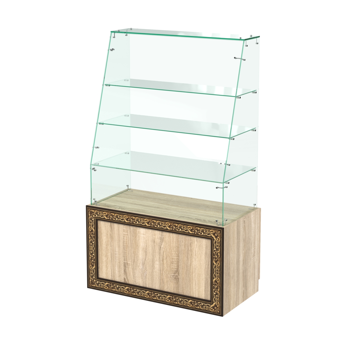 Стеклянный прилавок с декором и наклонным фасадным стеклом №СПБА-15 Дуб сонома