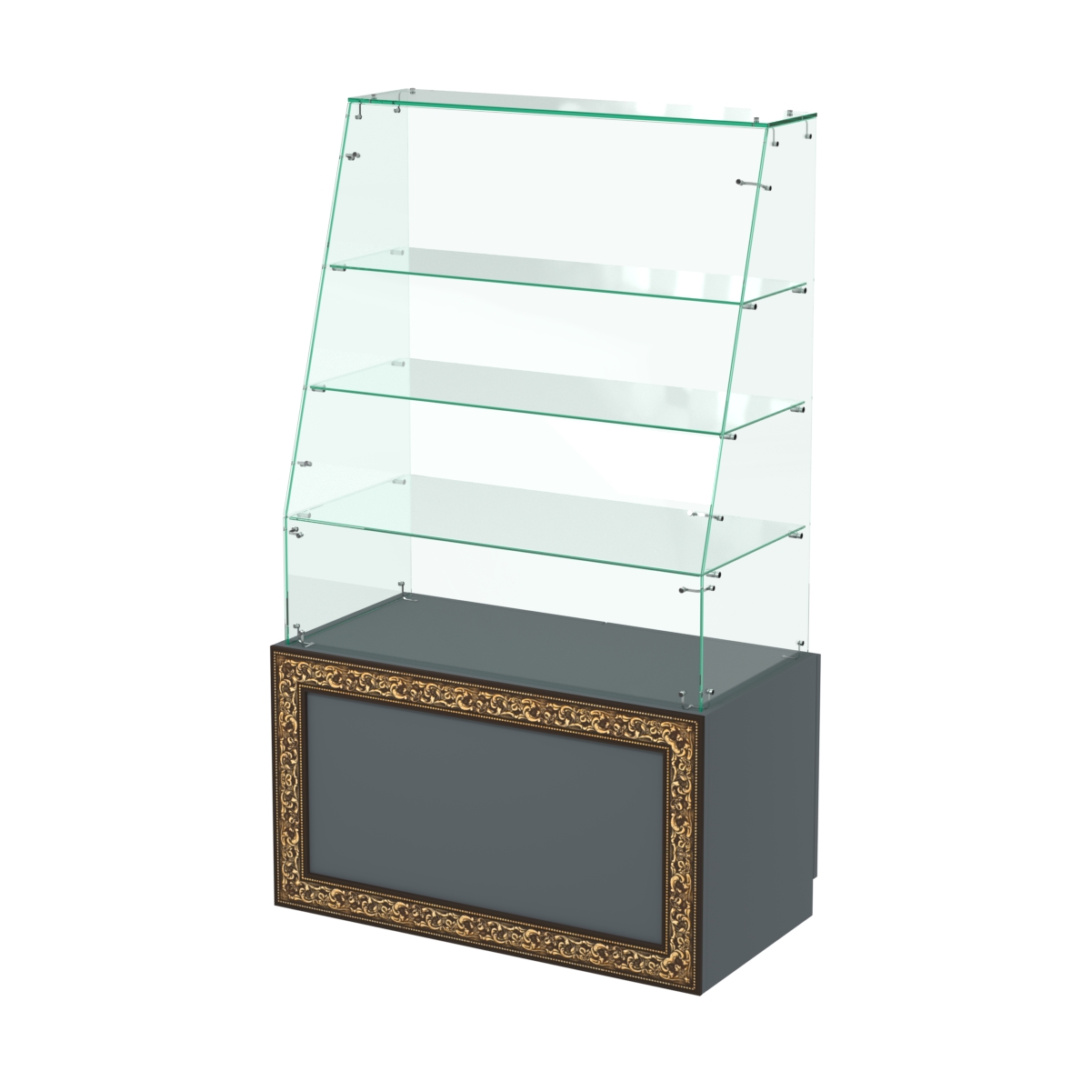 Стеклянный прилавок с декором и наклонным фасадным стеклом №СПБА-15 Темно-Серый