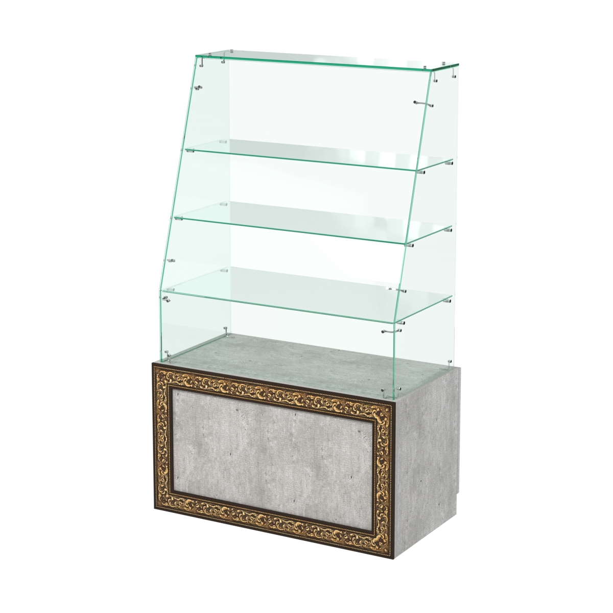 Стеклянный прилавок с декором и наклонным фасадным стеклом №СПБА-15 Метрополитан Грей