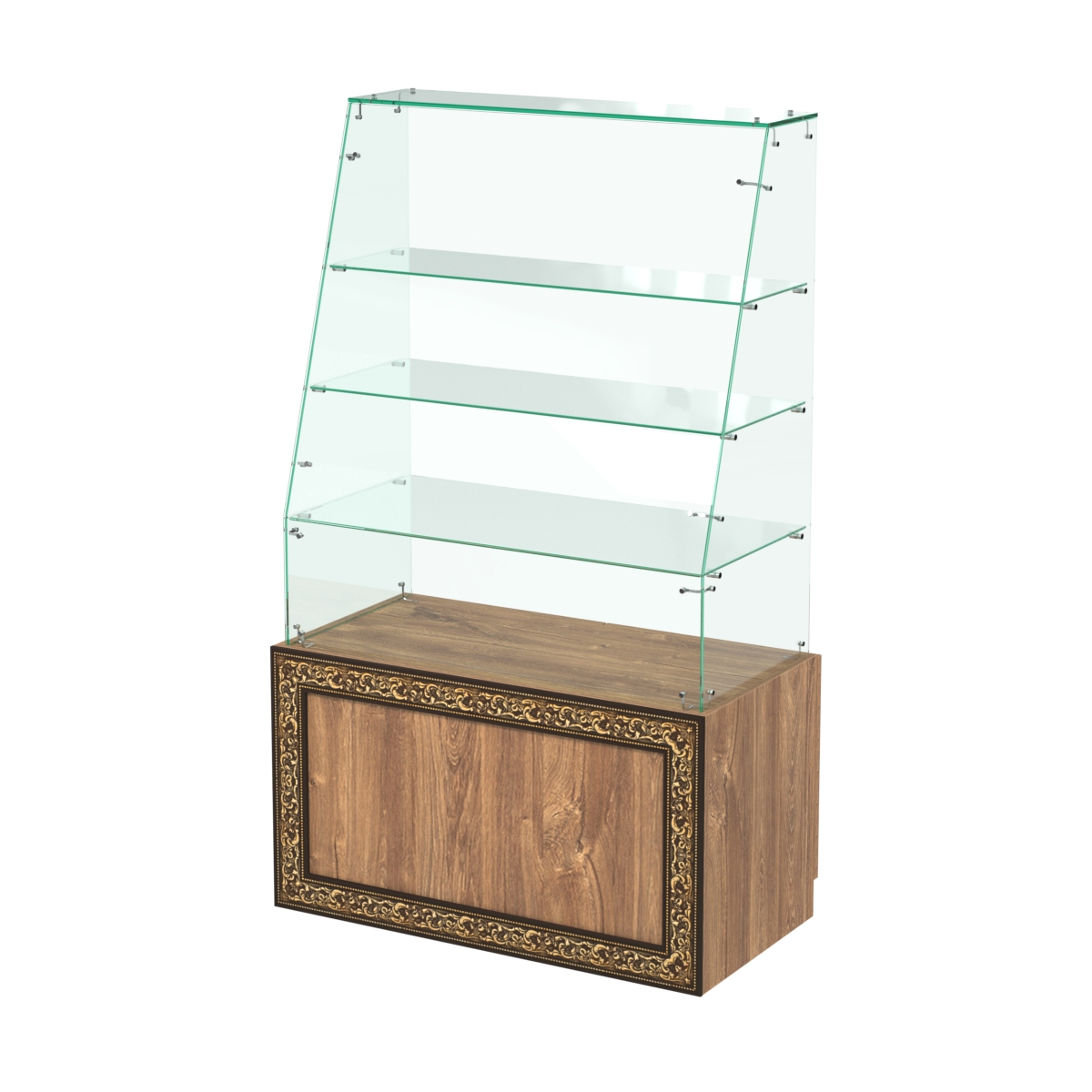 Стеклянный прилавок с декором и наклонным фасадным стеклом №СПБА-15 Дуб Канзас коричневый