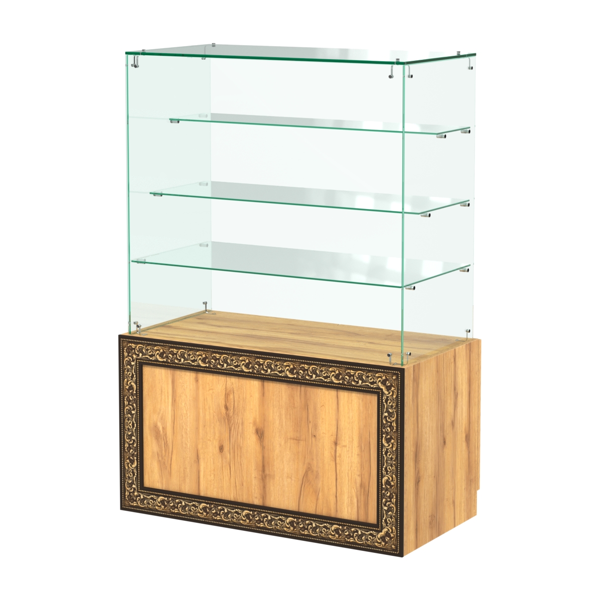 Стеклянный прилавок с декором и тремя прозрачными полками №СПБА-201 Дуб Золотистый