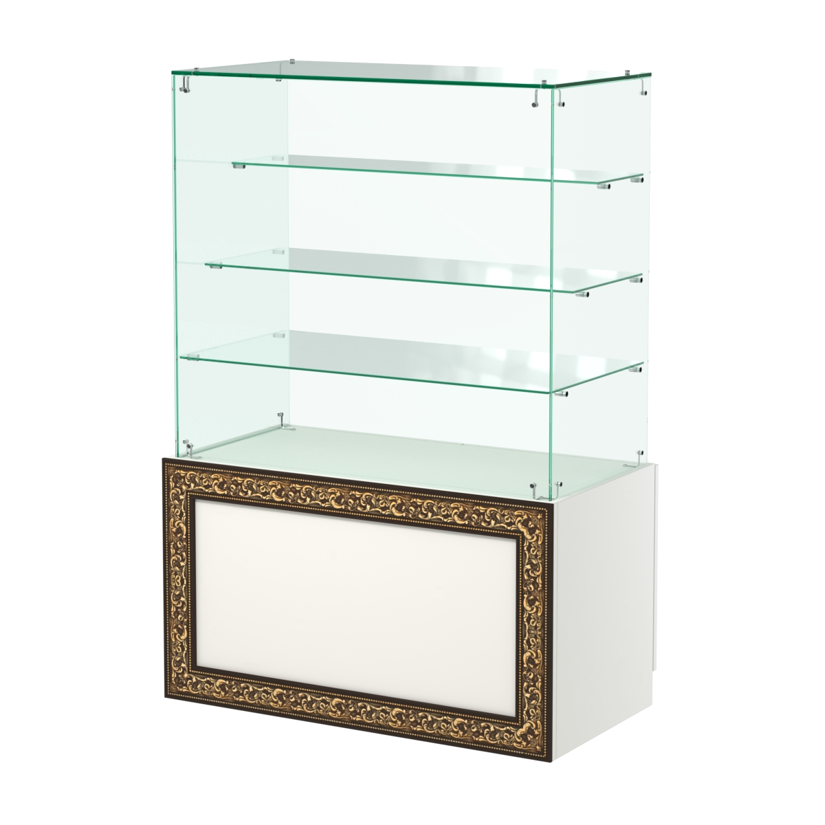 Стеклянный прилавок с декором и тремя прозрачными полками №СПБА-201 Белый