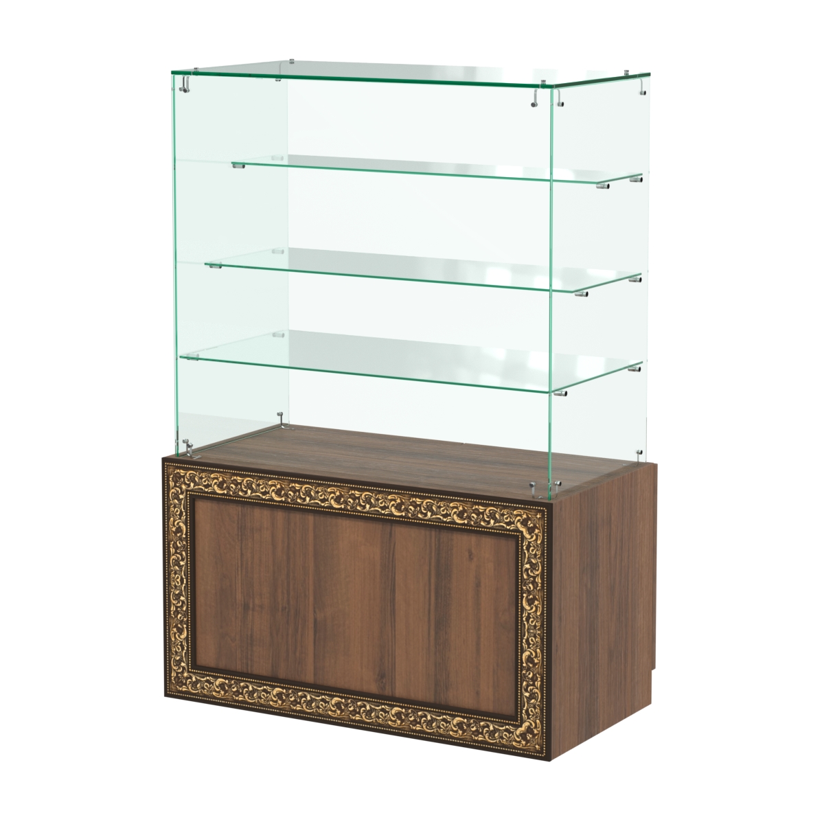 Стеклянный прилавок с декором и тремя прозрачными полками №СПБА-201 Орех