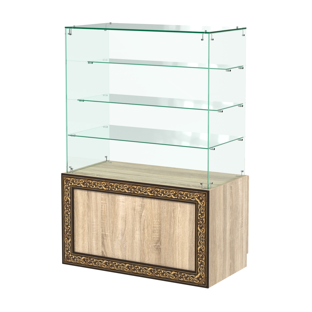 Стеклянный прилавок с декором и тремя прозрачными полками №СПБА-201 Дуб сонома