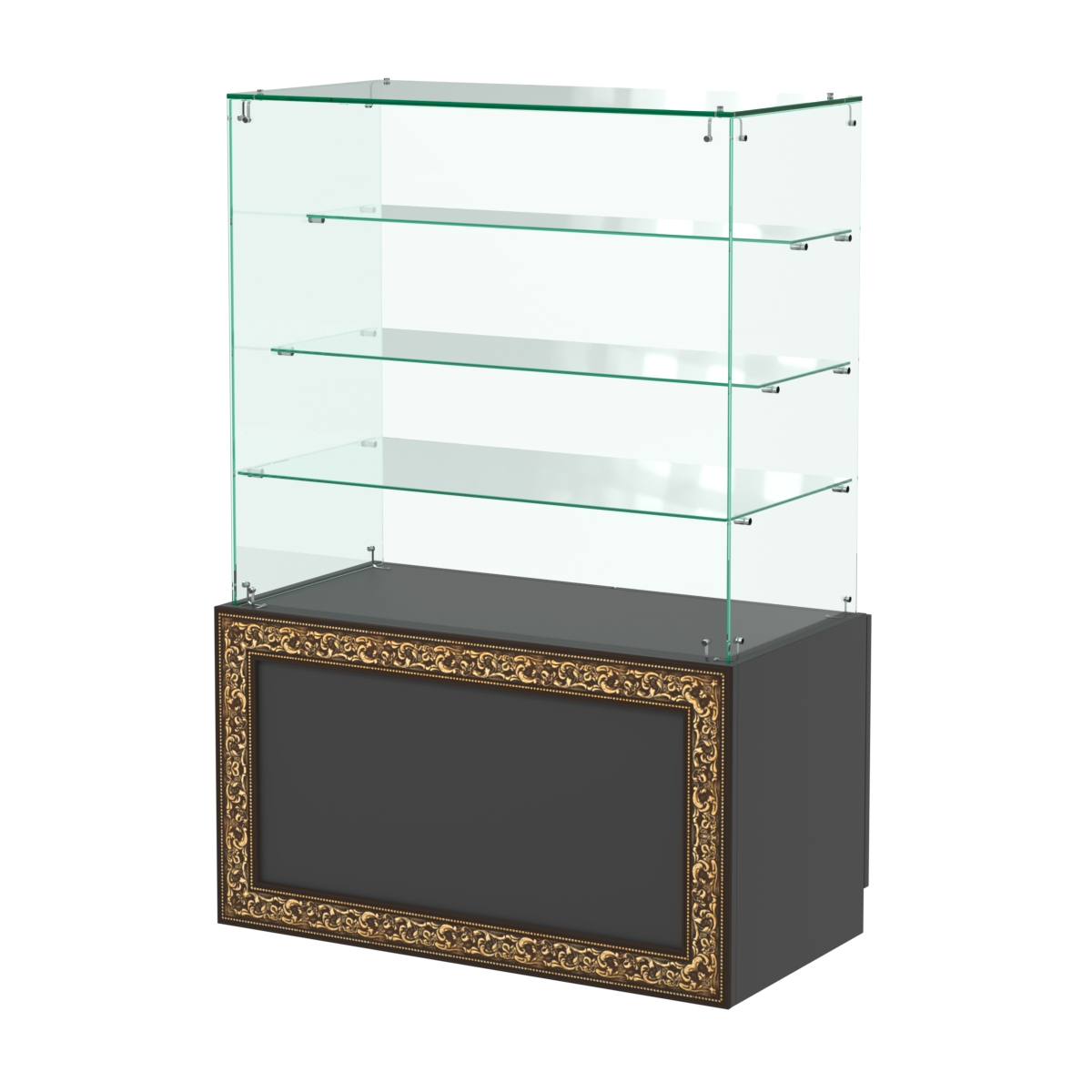 Стеклянный прилавок с декором и тремя прозрачными полками №СПБА-201 Черный