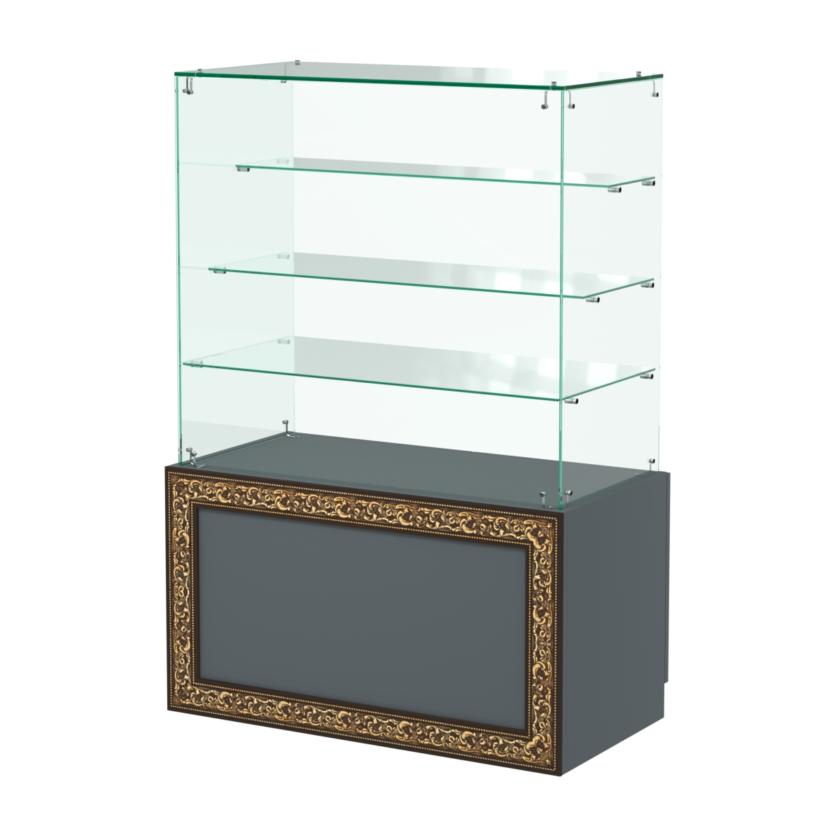 Стеклянный прилавок с декором и тремя прозрачными полками №СПБА-201 Темно-Серый