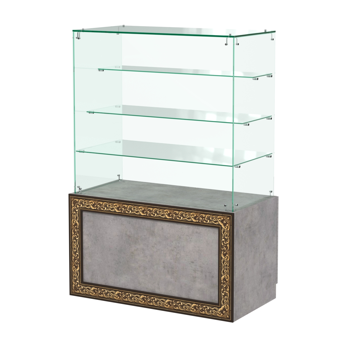 Стеклянный прилавок с декором и тремя прозрачными полками №СПБА-201 Бетон Чикаго светло-серый F186 ST9