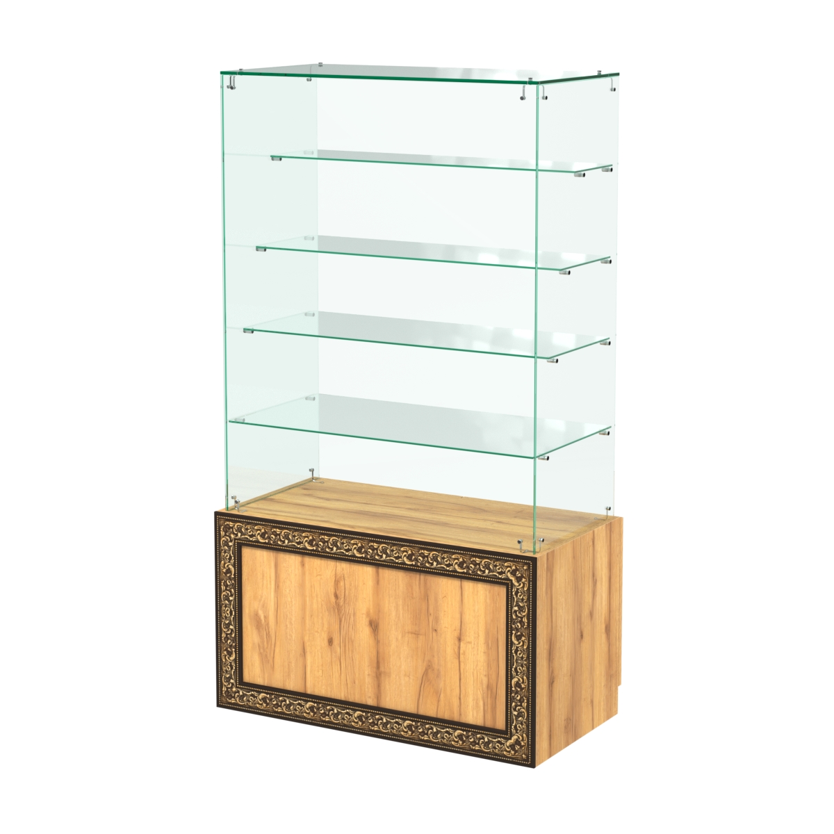 Стеклянный прилавок с декором и четырьмя прозрачными полками "лесенкой" №СПБА-204 Дуб Золотистый