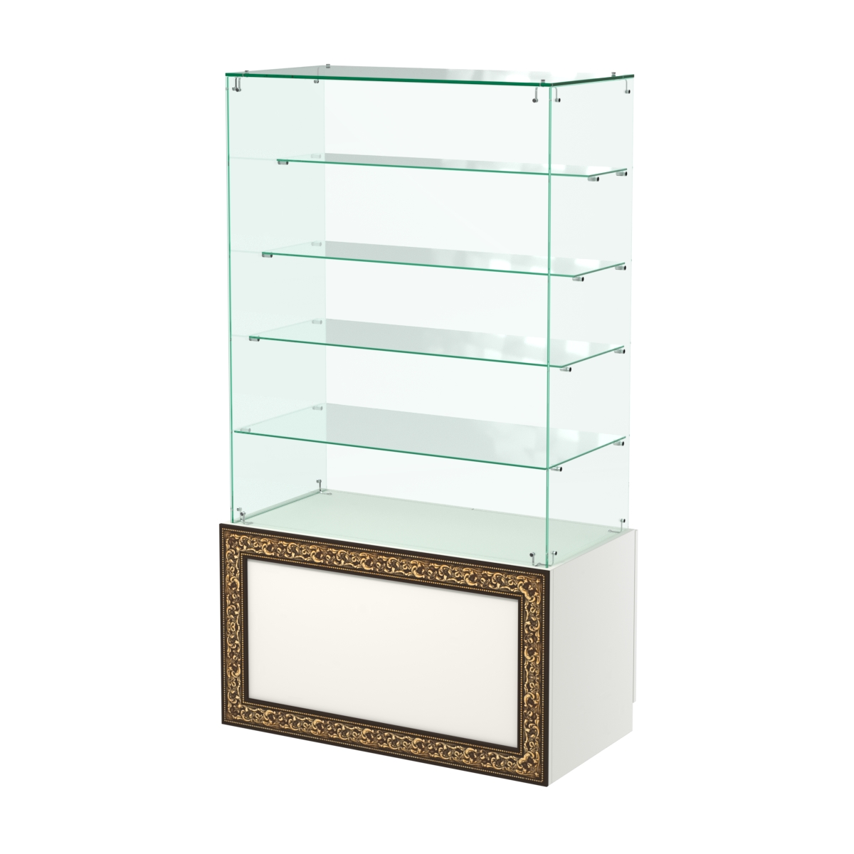 Стеклянный прилавок с декором и четырьмя прозрачными полками "лесенкой" №СПБА-204 Белый