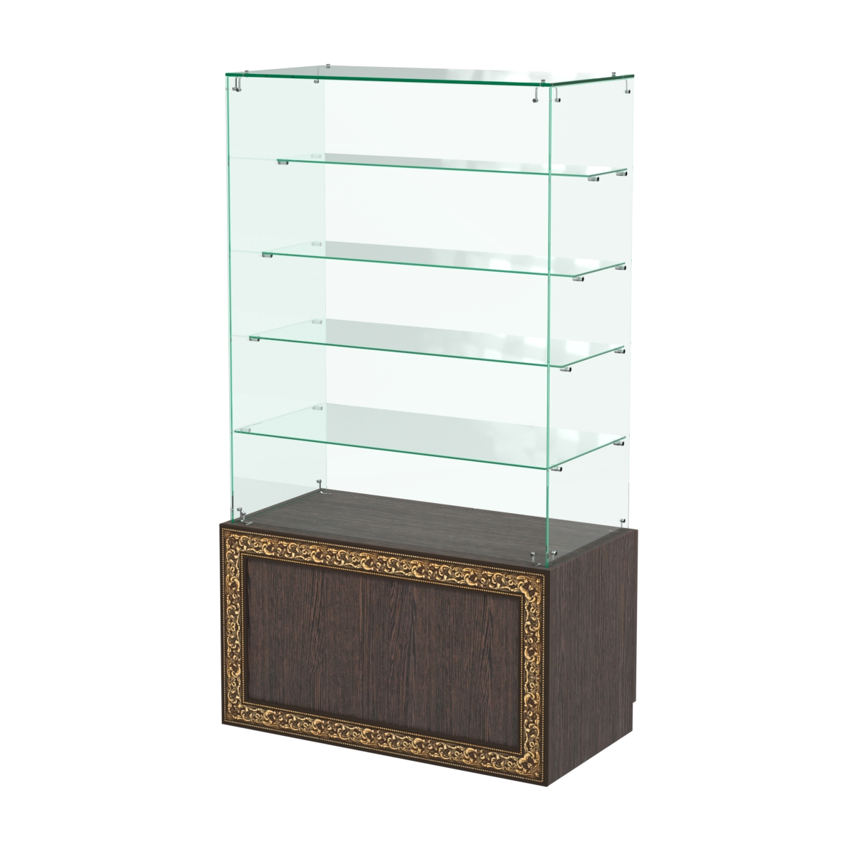 Стеклянный прилавок с декором и четырьмя прозрачными полками "лесенкой" №СПБА-204 Дуб Венге